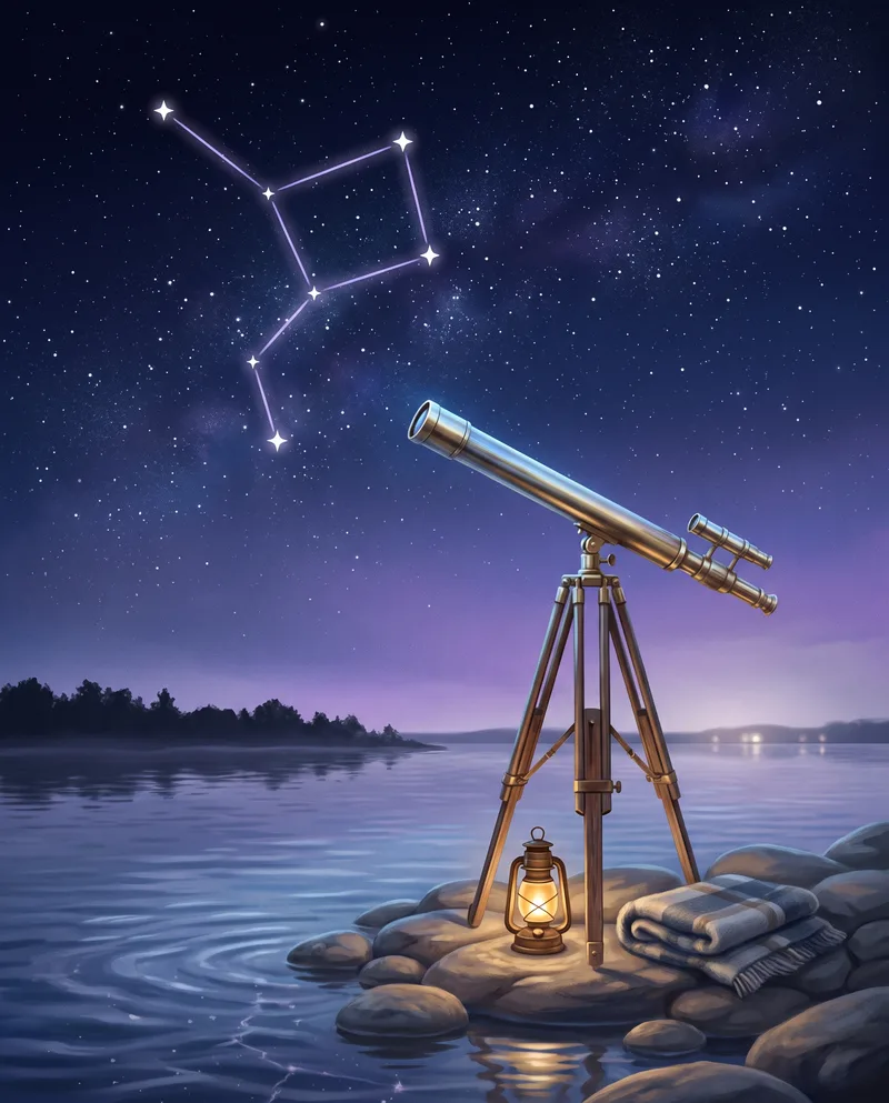 Illustration of a brass telescope on a tripod on a rocky lakeshore at night, aimed at a constellation picked out in the starry sky