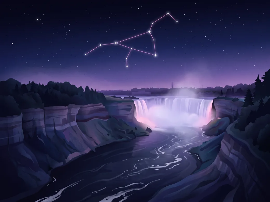 Stylised illustration of the Niagara River gorge at night: steep cliffs, a misty waterfall in the distance and a deep blue sky full of stars