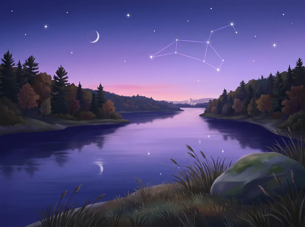 Stylised illustration of the Ottawa River at dusk: wide water reflecting a violet sky, wooded banks and the first stars appearing