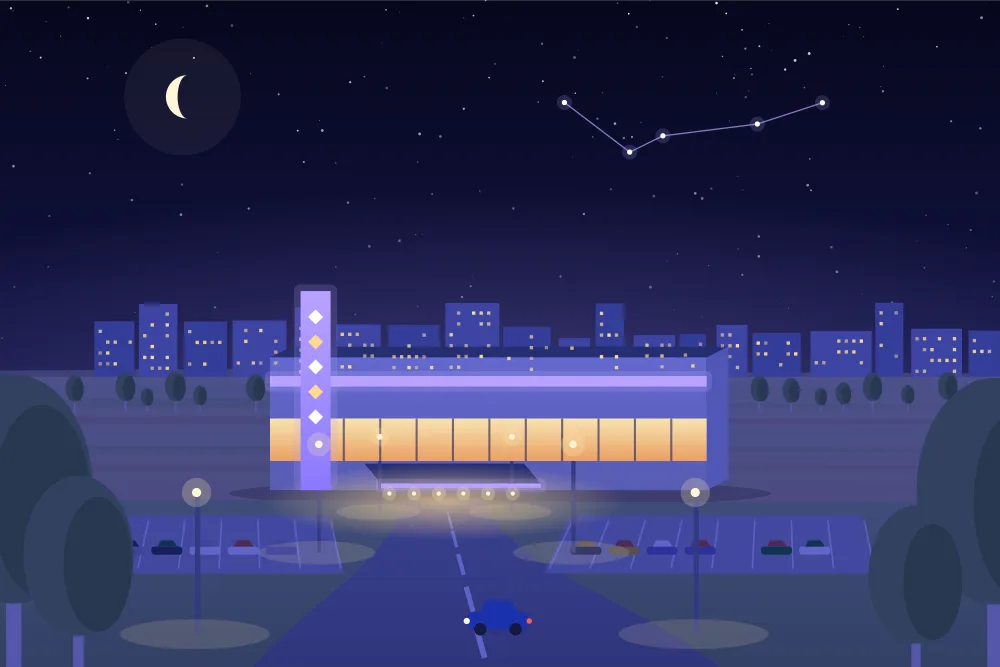 Night illustration of a casino with a lit entrance canopy in Belleville