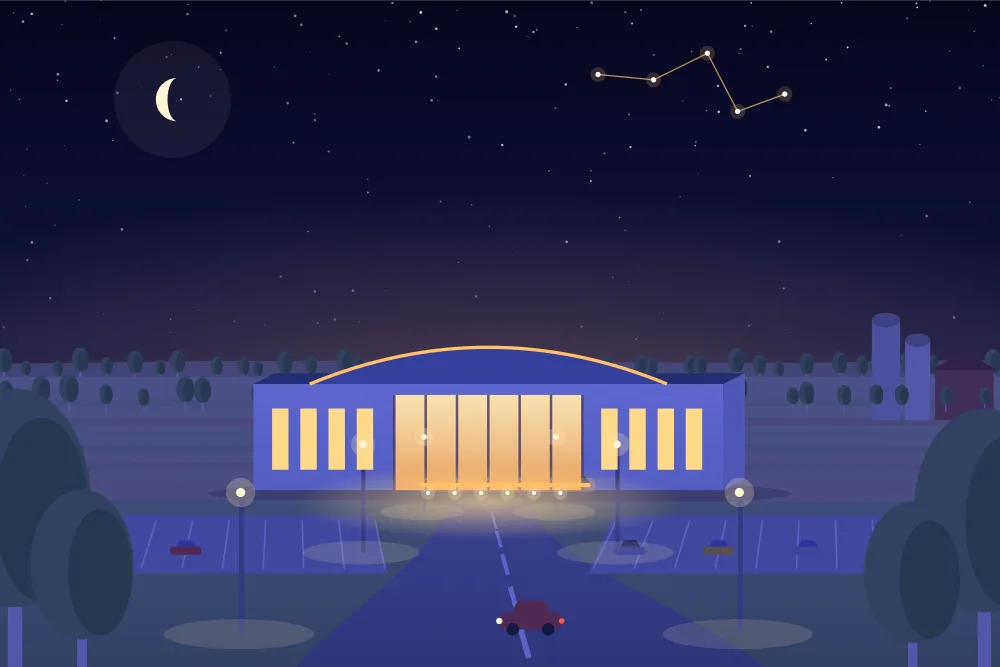 Night illustration of a casino with an arched roof on the edge of Chatham, farm silos beyond