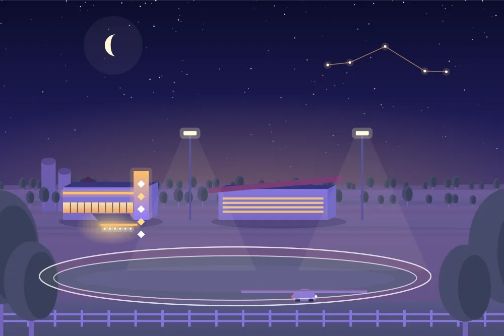 Twilight illustration of a small-town harness raceway with a grandstand and grain silos in Clinton