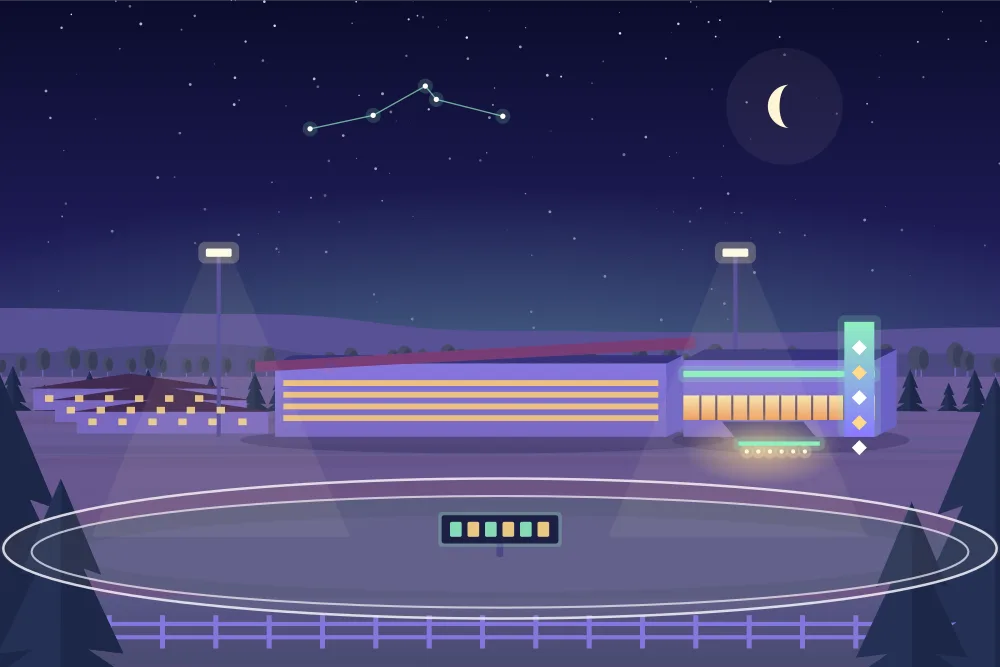 Illustration crépusculaire d'une piste ovale et d'un casino sous les projecteurs à Innisfil