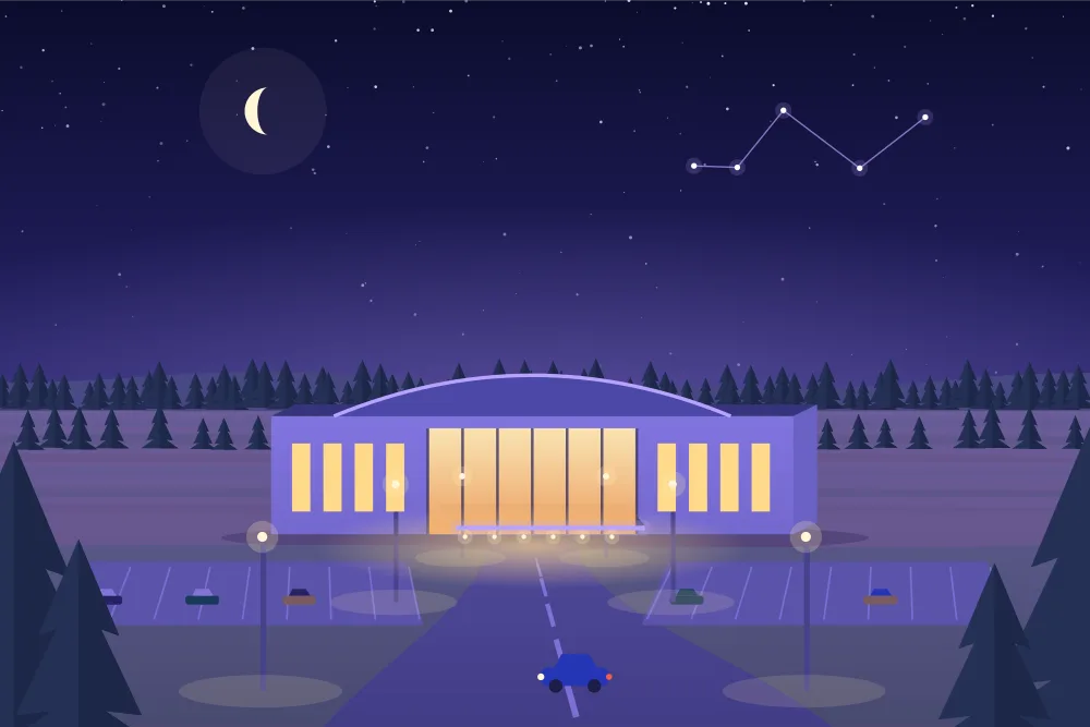 Twilight illustration of a casino with an arched roof among pine trees near Peterborough