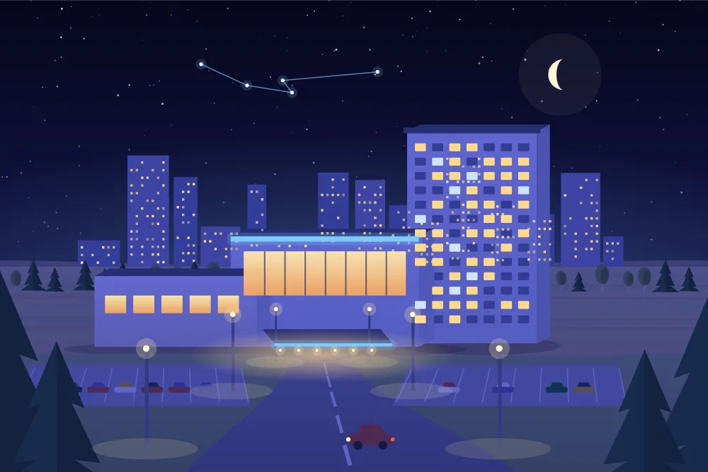 Night illustration of a resort hotel tower and casino in Pickering, city lights on the horizon