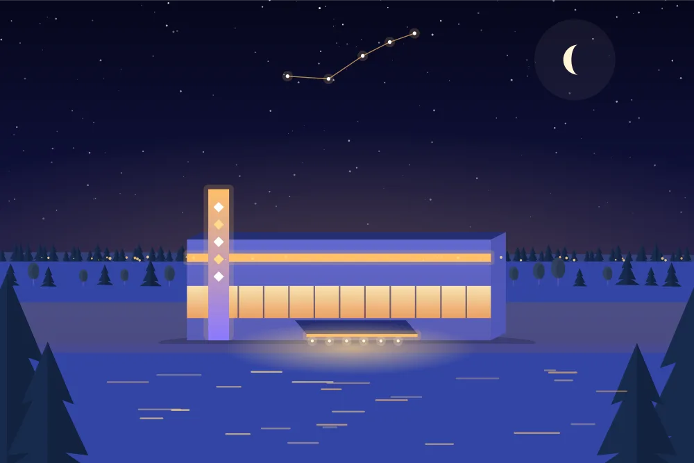 Night illustration of a casino on the waterfront at Point Edward, its lights reflected in the river