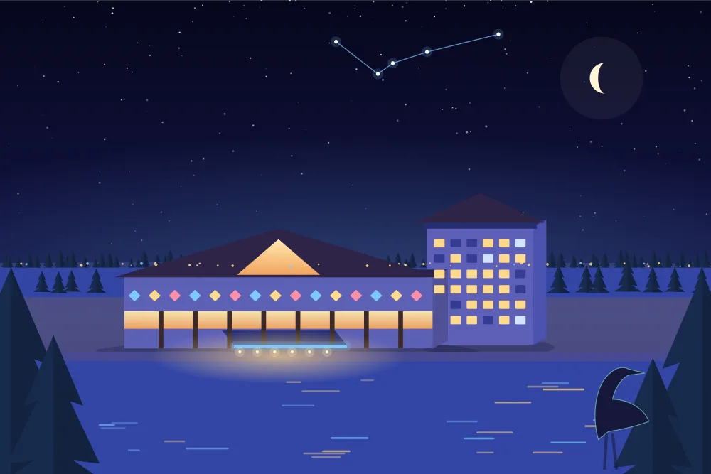 Night illustration of a casino and hotel on Scugog Island, a heron standing in the reeds by the water