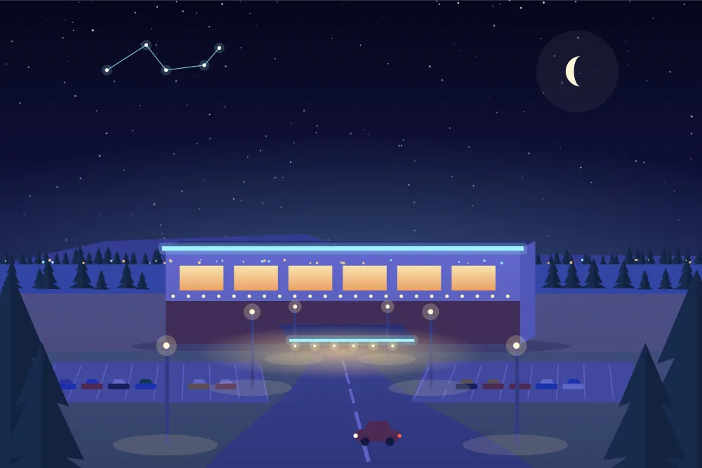 Night illustration of a downtown casino in Thunder Bay, with dark hills across the water